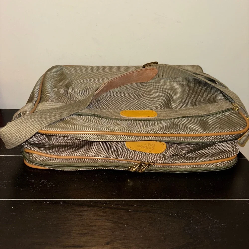 London Fog | Travel Bag Carry On Messenger Bag Khaki Tan Canvas Leather‎ Trim